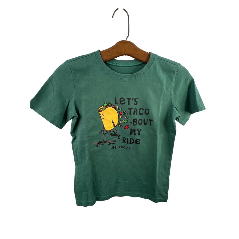 Life Is Good Kids Crusher T-Shirt Medium Lets Taco Bout My Ride Spruce Green Gra